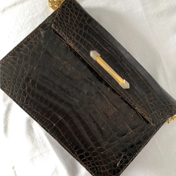 1960's dark brown alligator skin leather Clutch Mini gold color chain strap